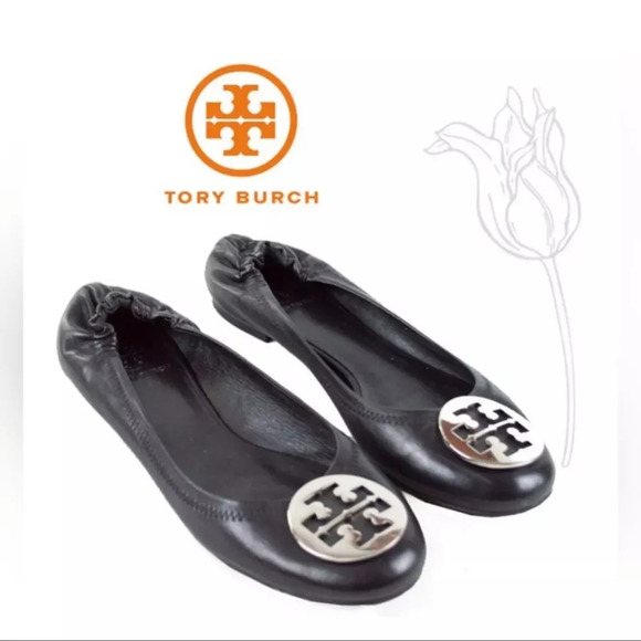 TORY BURCH Reva Black Leather Silver Logo Ballet Flats - Picture 1 of 6